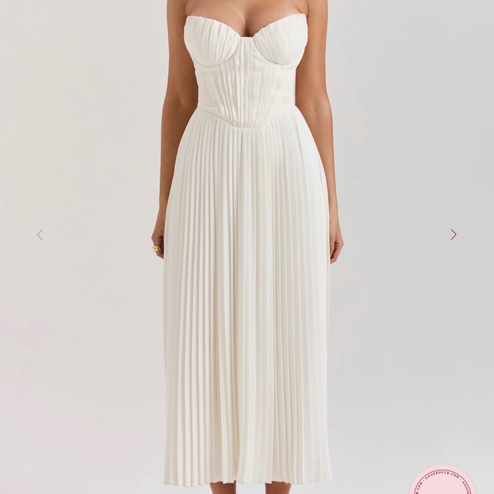House of CB Ivory Strapless Pleated Midi Dress
